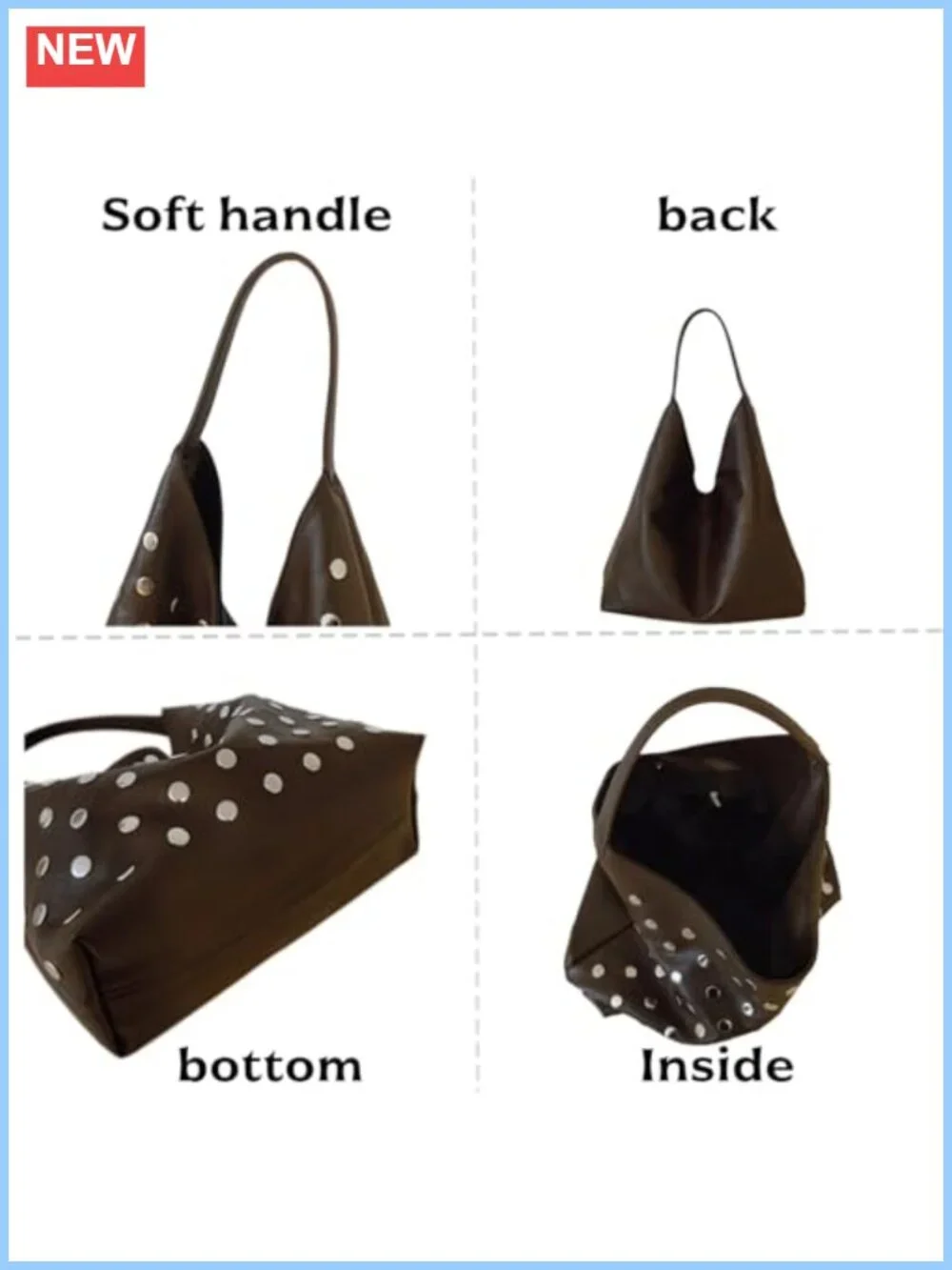 Vegan Leather Studded Hobo Bag Soft Slouchy Shoulder Purse